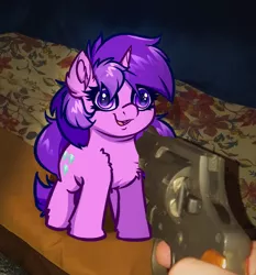 Size: 3438x3686 | Tagged: safe, artist:witchtaunter, derpibooru import, amethyst star, pony, unicorn, april fools, april fools joke, chest fluff, ear fluff, female, gun, hand, image, irl, offscreen character, photo, png, ponies in real life, recolor, shoulder fluff, solo, weapon