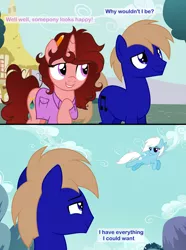 Size: 3000x4043 | Tagged: safe, artist:feather_bloom, derpibooru import, oc, oc:blueskies, oc:featherbloom, oc:paige scribble(kaitykat), earth pony, pegasus, pony, unicorn, clothes, comic, couple, crying, detailed background, earth pony oc, horn, image, in love, looking at each other, looking at someone, pegasus oc, png, shirt, tears of joy, unicorn oc, wings
