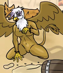 Size: 2000x2300 | Tagged: suggestive, artist:divas, gilda, anthro, gryphon, barrel, breasts, complete nudity, featureless breasts, featureless crotch, flirting, image, kneeling, looking at you, png, seeds, solo, tail, wings extended