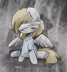Size: 803x866 | Tagged: safe, artist:typhwosion, derpibooru import, derpy hooves, pegasus, pony, where the apple lies, bandage, clothes, female, gray background, hooves, hospital gown, image, jpeg, mare, sad, simple background, sitting, solo, spread wings, wings