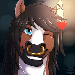 Size: 1500x1500 | Tagged: safe, artist:hintomikto, derpibooru import, oc, unofficial characters only, anthro, earth pony, bust, earth pony oc, heart, image, male, nose piercing, nose ring, one eye closed, outdoors, piercing, png, solo, wink
