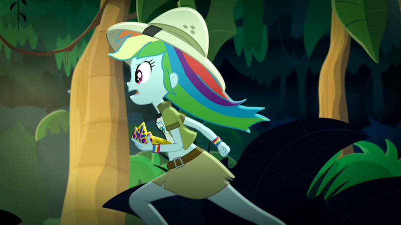 Size: 3410x1920 | Tagged: safe, derpibooru import, screencap, rainbow dash, eqg summertime shorts, equestria girls, leaping off the page, clothes, cutie mark, cutie mark on clothes, female, high res, image, jpeg, open mouth, running, solo