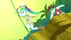 Size: 3410x1920 | Tagged: safe, derpibooru import, screencap, rainbow dash, slingshot (character), eqg summertime shorts, equestria girls, leaping off the page, boots, clothes, cutie mark, cutie mark on clothes, duo, female, high res, image, jpeg, male, shoes