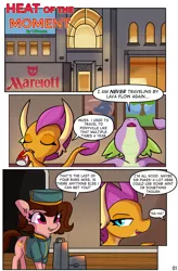 Size: 2620x4000 | Tagged: safe, artist:tjpones, derpibooru import, smolder, spike, oc, dragon, earth pony, pony, comic:heat of the moment, bellhop, bellhop pony, comic, dialogue, dragoness, drink, drinking, female, hotel, image, luggage, mare, png, soda can, speech bubble