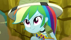Size: 3410x1920 | Tagged: safe, derpibooru import, screencap, rainbow dash, eqg summertime shorts, equestria girls, leaping off the page, clothes, crown, cutie mark, cutie mark on clothes, discovery family logo, female, hat, high res, image, jewelry, jpeg, regalia, smiling, solo