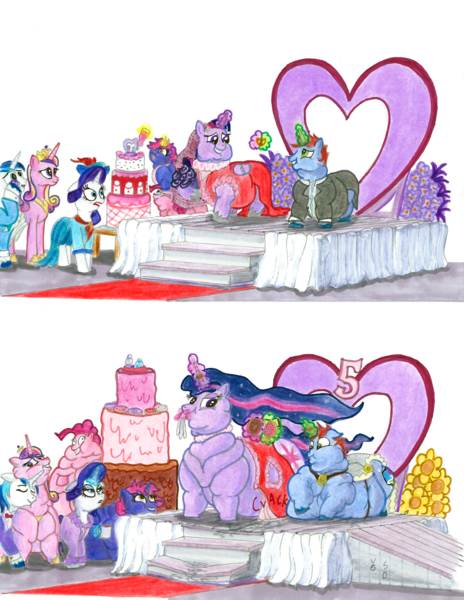 Size: 1600x2069 | Tagged: questionable, artist:white-eyed vireo, derpibooru import, pinkie pie, princess cadance, rarity, shining armor, twilight sparkle, twilight sparkle (alicorn), oc, oc:aura, oc:mint cupcake, oc:shining aurora, alicorn, earth pony, pony, unicorn, bbw, before and after, belly, bhm, big belly, bingo wings, blob, blushing, butt, cake, chubby cheeks, clothes, coffee mug, donut, double chin, dress, fat, fat fetish, female, fetish, flabby chest, flower, food, grin, horn, huge butt, image, immobile, impossibly obese, jewelry, large butt, magic, male, mare, marriage, morbidly obese, mug, multichin, near immobile, neck roll, obese, png, ring, rolls of fat, self insert, smiling, stage, stallion, telekinesis, torn clothes, triple chin, unicorn oc, wardrobe malfunction, wedding, wedding dress, wedding ring, weight gain
