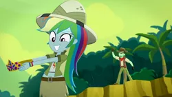 Size: 3410x1920 | Tagged: safe, derpibooru import, screencap, rainbow dash, slingshot (character), eqg summertime shorts, equestria girls, leaping off the page, clothes, cutie mark, cutie mark on clothes, duo, female, grin, high res, image, jpeg, male, smiling