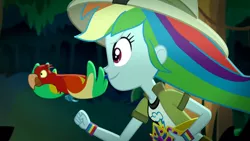 Size: 3410x1920 | Tagged: safe, derpibooru import, screencap, rainbow dash, bird, eqg summertime shorts, equestria girls, leaping off the page, clothes, cutie mark, cutie mark on clothes, female, high res, image, jpeg, running, smiling, solo