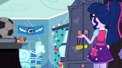 Size: 3410x1920 | Tagged: safe, derpibooru import, screencap, rarity, sci-twi, twilight sparkle, eqg summertime shorts, equestria girls, leaping off the page, clothes, cutie mark, cutie mark on clothes, female, glasses, high res, image, jpeg, offscreen character, ponytail, solo focus