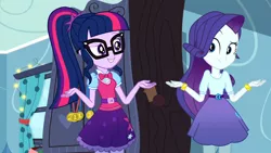 Size: 3410x1920 | Tagged: safe, derpibooru import, screencap, rarity, sci-twi, twilight sparkle, eqg summertime shorts, equestria girls, leaping off the page, bedroom, belt, bowtie, bracelet, clothes, cutie mark on clothes, duo, duo female, female, glasses, high res, image, jewelry, jpeg, looking at each other, medal, ponytail, shrug, skirt, smiling, wardrobe