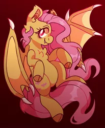 Size: 2161x2624 | Tagged: safe, artist:cocopudu, derpibooru import, fluttershy, bat pony, pony, bat ponified, chest fluff, cloven hooves, cute, cute little fangs, fangs, female, flutterbat, gradient background, high res, image, jpeg, mare, race swap, smiling, solo