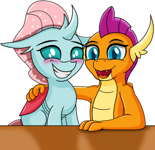 Size: 2048x1988 | Tagged: safe, artist:neondragon, derpibooru import, ocellus, smolder, arm around back, blushing, changeling x dragon, cute, female, image, lesbian, looking at you, png, shipping, simple background, smiling, smiling at you, smolcellus, smolderbetes