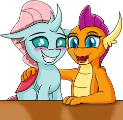 Size: 2048x1988 | Tagged: safe, artist:neondragon, derpibooru import, ocellus, smolder, arm around back, blushing, changeling x dragon, cute, female, image, lesbian, looking at you, png, shipping, simple background, smiling, smiling at you, smolcellus, smolderbetes