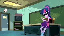 Size: 3410x1920 | Tagged: safe, derpibooru import, screencap, sci-twi, twilight sparkle, eqg summertime shorts, equestria girls, subs rock, book, chalkboard, clothes, cutie mark, cutie mark on clothes, female, glasses, high res, image, jpeg, smiling, solo, television