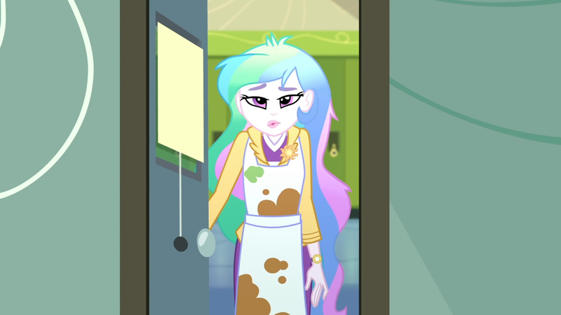 Size: 3410x1920 | Tagged: safe, derpibooru import, screencap, princess celestia, eqg summertime shorts, equestria girls, subs rock, :o, apron, clothes, female, high res, image, jpeg, open mouth, principal celestia, solo