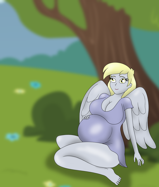 Size: 867x1021 | Tagged: safe, artist:foxtide888, derpibooru import, derpy hooves, human, pegasus, equestria girls, clothes, cute, derpabetes, female, happy, humanized, image, outdoors, png, pregnant, smiling, solo, tree, winged humanization, wings