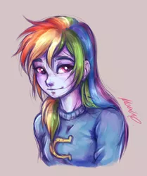 Size: 1612x1930 | Tagged: safe, artist:buttersprinkle, derpibooru import, rainbow dash, equestria girls, bust, clothes, female, gray background, image, png, simple background, solo, sweater, wondercolts