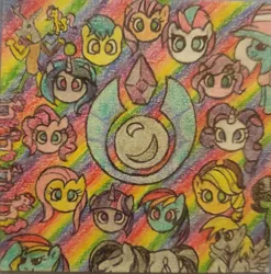 Size: 2006x2029 | Tagged: safe, derpibooru import, applejack, derpy hooves, discord, fluttershy, hitch trailblazer, izzy moonbow, pinkie pie, pipp petals, rainbow dash, rarity, sunny starscout, trixie, twilight sparkle, zipp storm, april fools, colored, crayon drawing, doodle, drawing, g5, image, jpeg, mane five (g5), mane six, pixel art, r/place, reddit, redesign, traditional art