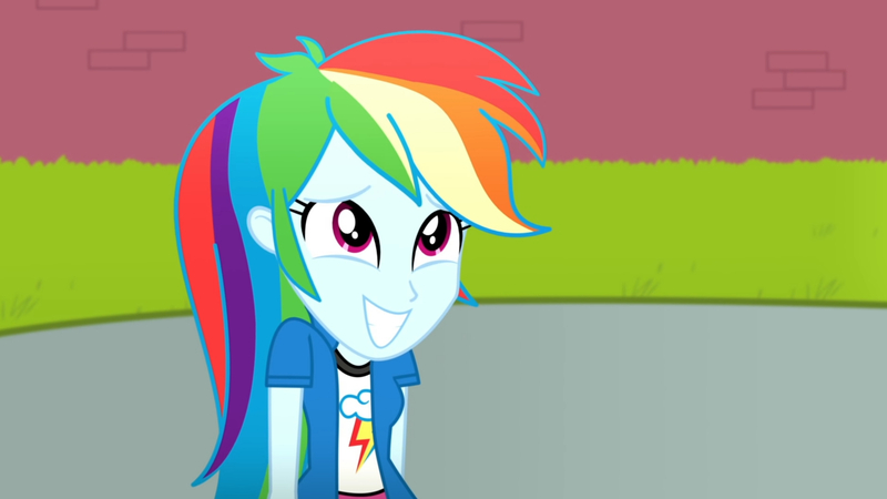Size: 3410x1920 | Tagged: safe, derpibooru import, screencap, rainbow dash, eqg summertime shorts, equestria girls, subs rock, canterlot high, clothes, cutie mark, cutie mark on clothes, female, grin, high res, image, jpeg, smiling, solo