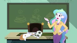 Size: 3410x1920 | Tagged: safe, derpibooru import, screencap, princess celestia, eqg summertime shorts, equestria girls, subs rock, apron, chalkboard, clothes, female, football, hand on hip, high res, image, jpeg, open mouth, open smile, principal celestia, smiling, solo, sports