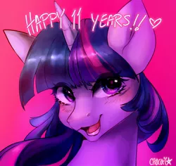 Size: 1612x1522 | Tagged: safe, artist:itschocori, derpibooru import, twilight sparkle, twilight sparkle (alicorn), alicorn, pony, bust, eye clipping through hair, happy birthday mlp:fim, image, jpeg, mlp fim's eleventh anniversary, solo