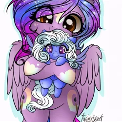 Size: 756x756 | Tagged: safe, artist:tawnysweet, derpibooru import, oc, oc:comfy pillow, oc:dazzling talents, unofficial characters only, alicorn, pegasus, pony, bipedal, cute, eye clipping through hair, female, holding a pony, image, jpeg, mare, ocbetes, plushie, simple background, solo, white background