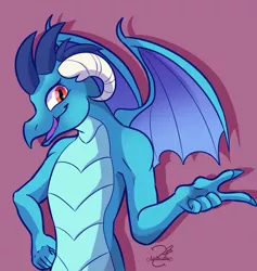 Size: 2547x2682 | Tagged: safe, artist:lechu-zaz, derpibooru import, princess ember, dragon, dragoness, female, hand on hip, image, jpeg, pink background, signature, simple background, smiling, solo, tongue out