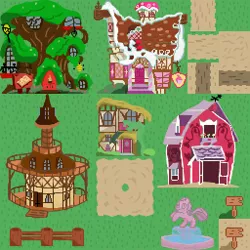 Size: 256x256 | Tagged: safe, artist:scootaloormayfly, derpibooru import, fence, fountain, grass, house, image, path, pixel art, png, ponyville, ponyville town hall, rpg maker, rpg maker vx ace, sign, sugarcube corner