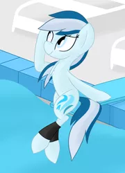 Size: 1920x2660 | Tagged: safe, artist:notadeliciouspotato, derpibooru import, oc, oc:serene dive, earth pony, pony, deck chair, diving board, female, image, mare, png, sitting, smiling, solo, swimming pool, water