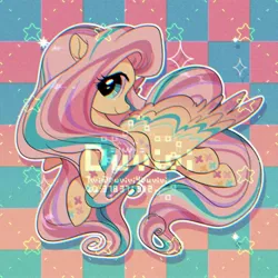 Size: 2000x2000 | Tagged: safe, alternate version, artist:duvivi, derpibooru import, part of a set, fluttershy, pegasus, pony, checkered background, chromatic aberration, cute, female, high res, image, jpeg, mare, profile, rainbow power, rainbow power-ified, shyabetes, solo, spread wings, stars, wings