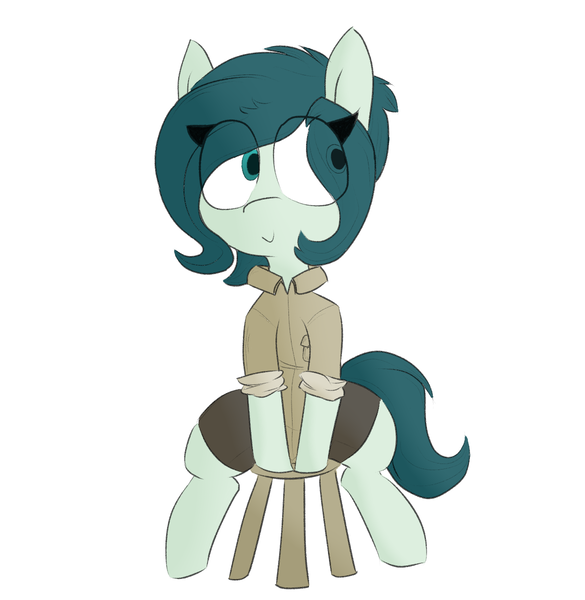 Size: 1170x1200 | Tagged: safe, artist:cherro, derpibooru import, oc, unofficial characters only, pony, clothes, image, png, shirt, shorts, simple background, solo, stool, white background