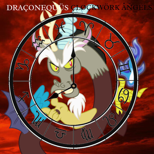 Size: 1000x1000 | Tagged: safe, artist:anonymous, derpibooru import, discord, ponified, draconequus, pony, album, album cover, album parody, barely pony related, clock, clockwork angels, image, jpeg, logo, parody, ponified album cover, rush, solo, zodiac