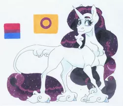 Size: 3389x2922 | Tagged: safe, artist:frozensoulpony, derpibooru import, rarity, classical unicorn, unicorn, beard, bisexual pride flag, chest fluff, cloven hooves, description is relevant, facial hair, image, intersex pride flag, jpeg, leonine tail, pride, pride flag, reference sheet, solo, traditional art, unshorn fetlocks