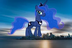 Size: 1920x1282 | Tagged: safe, artist:dashiesparkle, artist:thegiantponyfan, derpibooru import, princess luna, alicorn, pony, canada, crown, ethereal mane, female, giant alicorn, giant pony, giantess, highrise ponies, image, irl, jewelry, looking at you, macro, mare, mega giant, mega luna, photo, png, ponies in real life, regalia, smiling, smiling at you, toronto