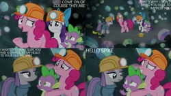 Size: 1280x720 | Tagged: safe, derpibooru import, edit, edited screencap, editor:quoterific, screencap, maud pie, pinkie pie, rarity, spike, dragon, earth pony, pony, unicorn, rock solid friendship, season 7, crying, female, gem, gem cave, helmet, image, male, mare, mining helmet, open mouth, open smile, png, smiling, sweat, teary eyes, text