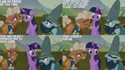Size: 1280x720 | Tagged: safe, derpibooru import, edit, edited screencap, editor:quoterific, screencap, big daddy mccolt, ma hooffield, twilight sparkle, twilight sparkle (alicorn), alicorn, earth pony, pony, season 5, the hooffields and mccolts, eyes closed, female, grin, hooffield family, image, jpeg, male, mare, mccolt family, open mouth, open smile, smiling, stallion, text, trio