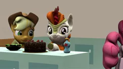 Size: 3840x2160 | Tagged: safe, artist:wissle, derpibooru import, applejack, autumn blaze, pinkie pie, earth pony, kirin, pony, 3d, apple juice, applejack's hat, bowl, cake, cowboy hat, female, food, happy, hat, high res, image, jpeg, juice, kirin day, kitchen, looking at you, salad, smiling, smirk, source filmmaker, sugarcube corner