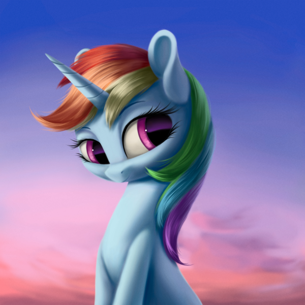 Size: 2800x2800 | Tagged: safe, artist:flusanix, derpibooru import, rainbow dash, pony, unicorn, female, image, png, race swap, solo, unicorn rainbow dash