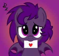 Size: 4167x4012 | Tagged: safe, artist:zedwin, derpibooru import, oc, oc:midnight purple, bat pony, commission, holiday, image, letter, looking at you, love letter, png, valentine's day, ych result