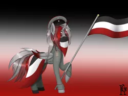 Size: 4000x3000 | Tagged: semi-grimdark, alternate version, artist:kirov, derpibooru import, oc, ponified, unofficial characters only, alicorn, pony, blood, broken horn, clothes, female, flag, germany, gradient background, gray coat, horn, image, iron cross, multicolored hair, png, solo, uniform