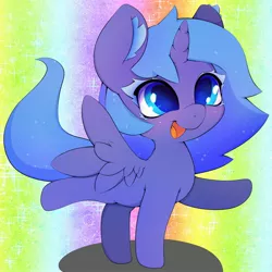 Size: 3000x3000 | Tagged: safe, artist:zokkili, derpibooru import, princess luna, alicorn, pony, cute, ethereal mane, female, filly, foal, horn, image, jpeg, lunabetes, open mouth, rainbow background, solo, starry mane, wingding eyes, wings, woona, younger