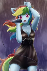 Size: 1600x2400 | Tagged: safe, artist:symbianl, derpibooru import, rainbow dash, human, equestria girls, commission, eared humanization, humanized, image, microphone, png, rain, solo