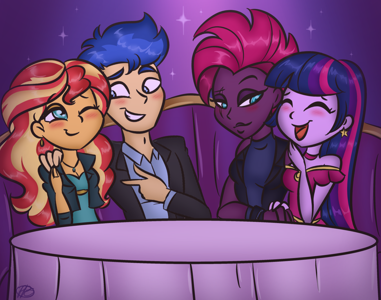 Size: 1440x1132 | Tagged: safe, artist:purfectprincessgirl, derpibooru import, flash sentry, sunset shimmer, tempest shadow, twilight sparkle, equestria girls, double date, equestria girls-ified, female, flashimmer, image, lesbian, male, png, shipping, straight, tempestlight