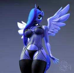 Size: 2186x2160 | Tagged: source needed, useless source url, suggestive, artist:lizbonaf4, derpibooru import, princess luna, alicorn, anthro, 3d, belly button, big breasts, bikini, breasts, clothes, female, fishnet clothing, hair over one eye, image, jpeg, low angle, micro bikini, socks, solo, solo female, spread wings, stockings, swimsuit, thigh highs, wings