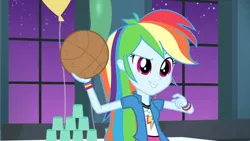 Size: 3410x1920 | Tagged: safe, derpibooru import, screencap, rainbow dash, equestria girls, rainbow rocks, shake your tail, basketball, clothes, cutie mark, cutie mark on clothes, female, high res, image, jpeg, night, smiling, solo, sports