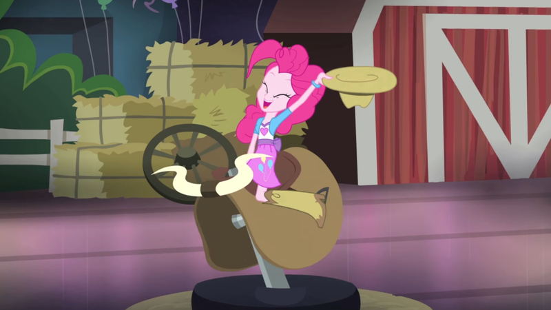 Size: 3410x1920 | Tagged: safe, derpibooru import, screencap, pinkie pie, equestria girls, rainbow rocks, shake your tail, boots, clothes, cowboy boots, cowboy hat, cutie mark, cutie mark on clothes, eyes closed, female, hat, hay, high res, image, jpeg, open mouth, open smile, rodeo, shoes, smiling, solo