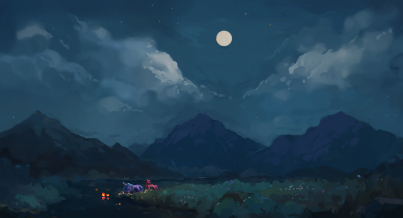 Size: 3840x2076 | Tagged: safe, artist:inkhooves, derpibooru import, izzy moonbow, sunny starscout, earth pony, pony, unicorn, cloud, female, g5, grass, image, jpeg, mare, moon, mountain, night, scenery, sky