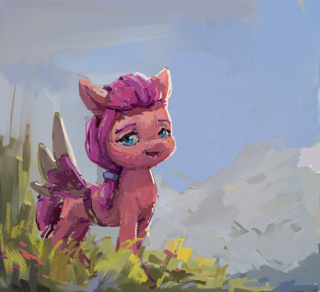 Size: 1118x1019 | Tagged: safe, artist:inkhooves, derpibooru import, sunny starscout, earth pony, pony, fake wings, female, filly, foal, g5, grass, image, jpeg, looking at you, sky, solo