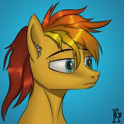 Size: 2000x2000 | Tagged: safe, artist:kirov, derpibooru import, oc, unofficial characters only, pegasus, pony, blue background, blue eyes, bust, image, male, multicolored hair, orange coat, png, portrait, simple background, solo