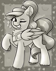 Size: 1248x1588 | Tagged: safe, artist:llametsul, derpibooru import, pegasus, pony, my little pony: tell your tale, black and white, confident, fifi (g5), fruit, g5, grayscale, grin, image, looking at you, monochrome, one eye closed, png, raised hoof, signature, smiling, solo, wink, winking at you